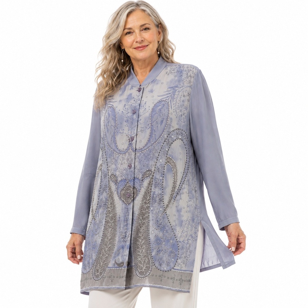 Vintage Diane Gilman Silk Tunic 2X Blue Beaded Artsy Sparkle Special Occasion